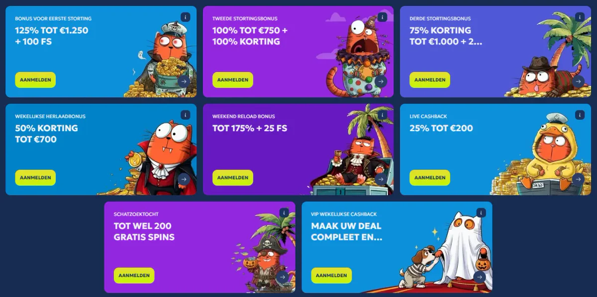 Overzicht van casinopromoties met welkomstbonussen, stortingsbonussen, cashback en gratis spins